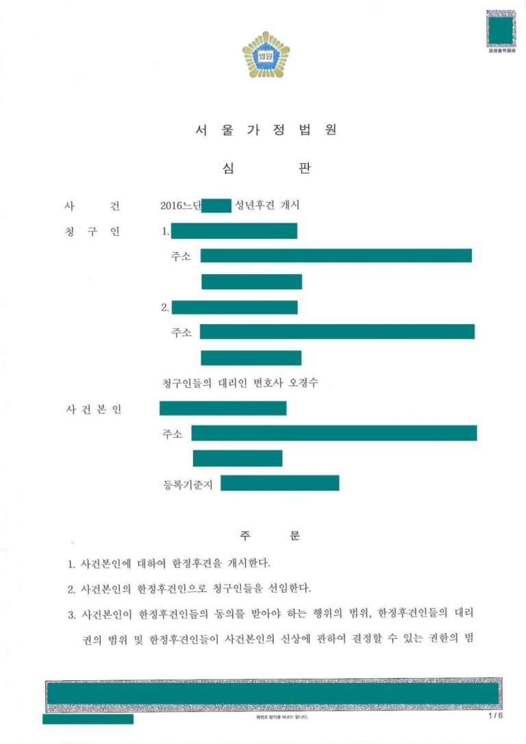 [성년후견] 자녀들이 모의 공동후견인으로 한정후견개시